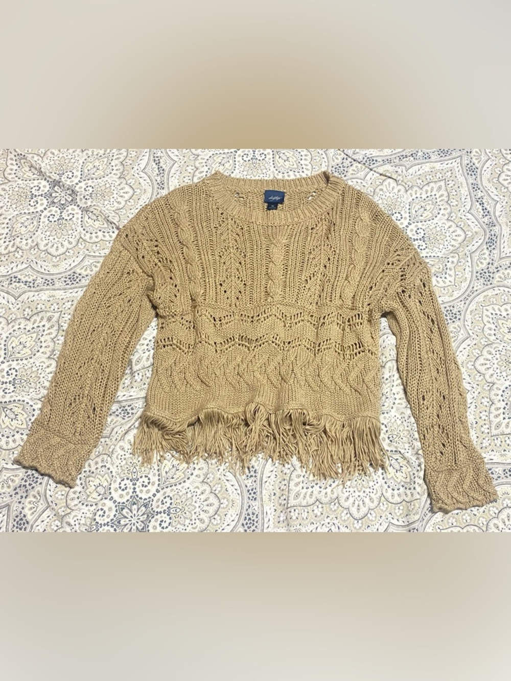Daytrip Tan Cable-Knit Fringe Crewneck Sweater